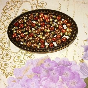 Vintage belt buckle Bronze topaz burnt orange clear stones hook in back